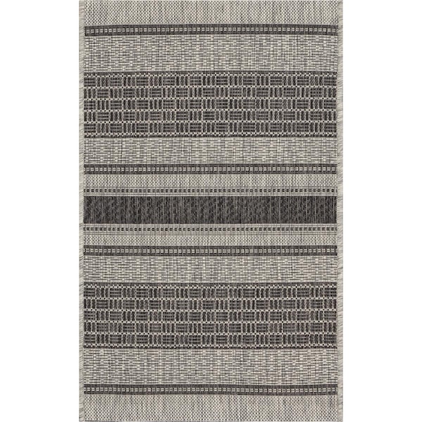 Homeroots 2 x 3 ft. Gray & Black Monochrome Striped Indoor & Outdoor Scatter Area Rug 396230 - main